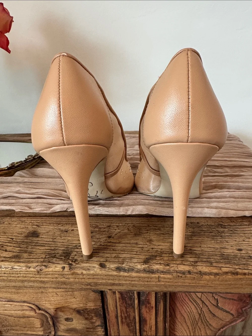Jessica Simpson Beige Crystal-Studded Pointed Toe Pumps. Nude Mesh